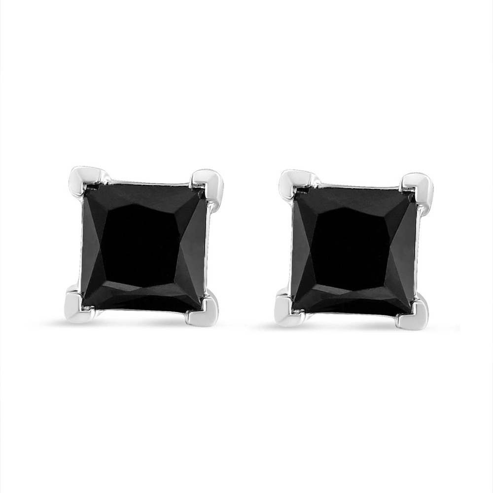 Haus of Brilliance White Gold Princess-Cut Treated Black Diamond Stud Earrings
